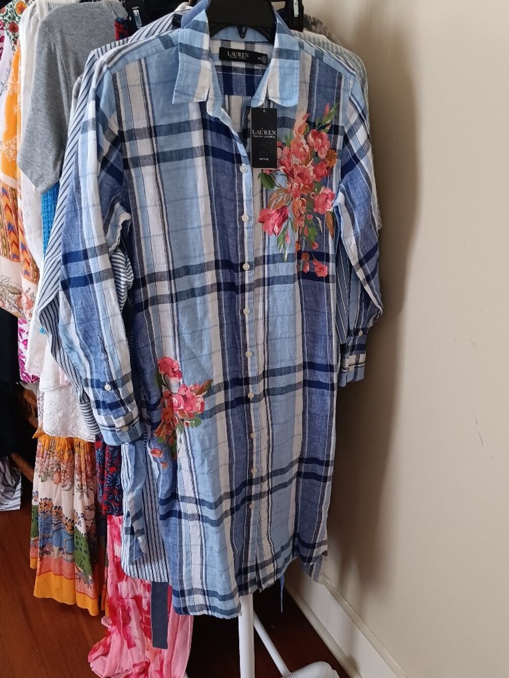NWT Ralph Lauren 100% Linen Blue White Plaid w/ Flower Applique Preppy Dress 6P
